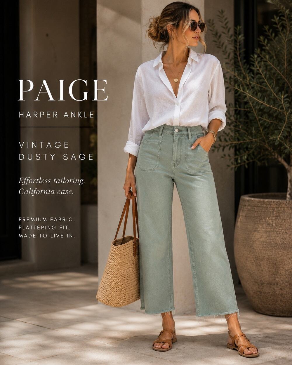 PAIGE Harper Ankle Pants 27 Vintage Dusty Sage High Rise Utility Wide Leg Jeans